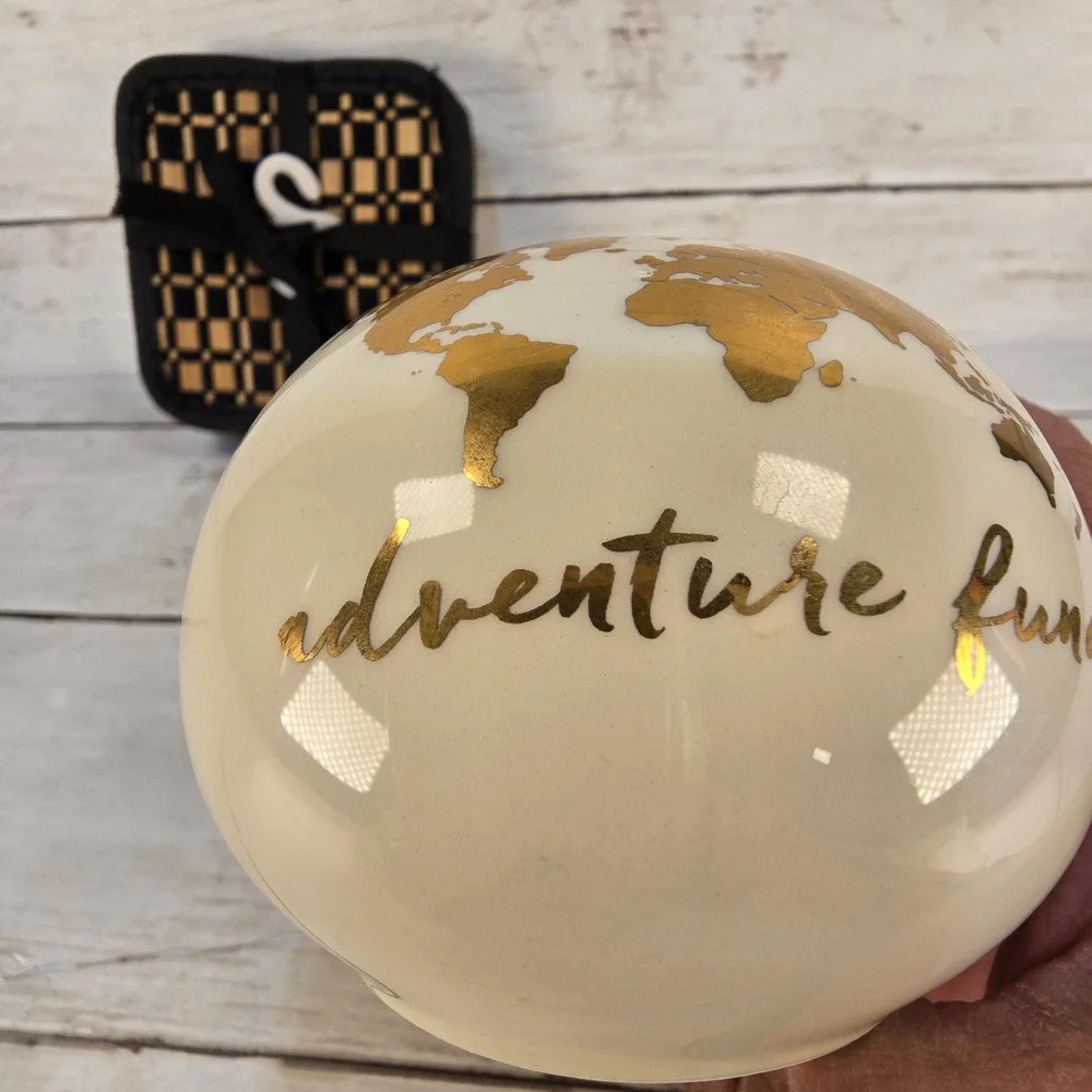 Adventure‎ Fund Globe Ceramic Piggy Bank & Destination Summer Bamboo Coaster Set